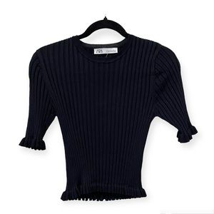 Zara Stretch Ribbed Ruffle Hem Crewneck Top Black Medium